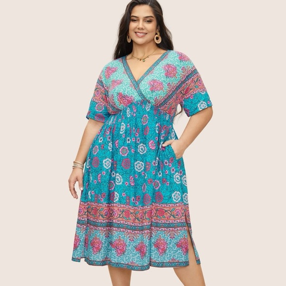 BloomChic Plus Size Floral Dolman Sleeve Ruffles Shirred Split Hem Dress - Picture 1 of 7